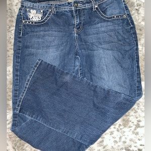 earl jean y2k embroidered cross bootcut jeans w/ rhinestones